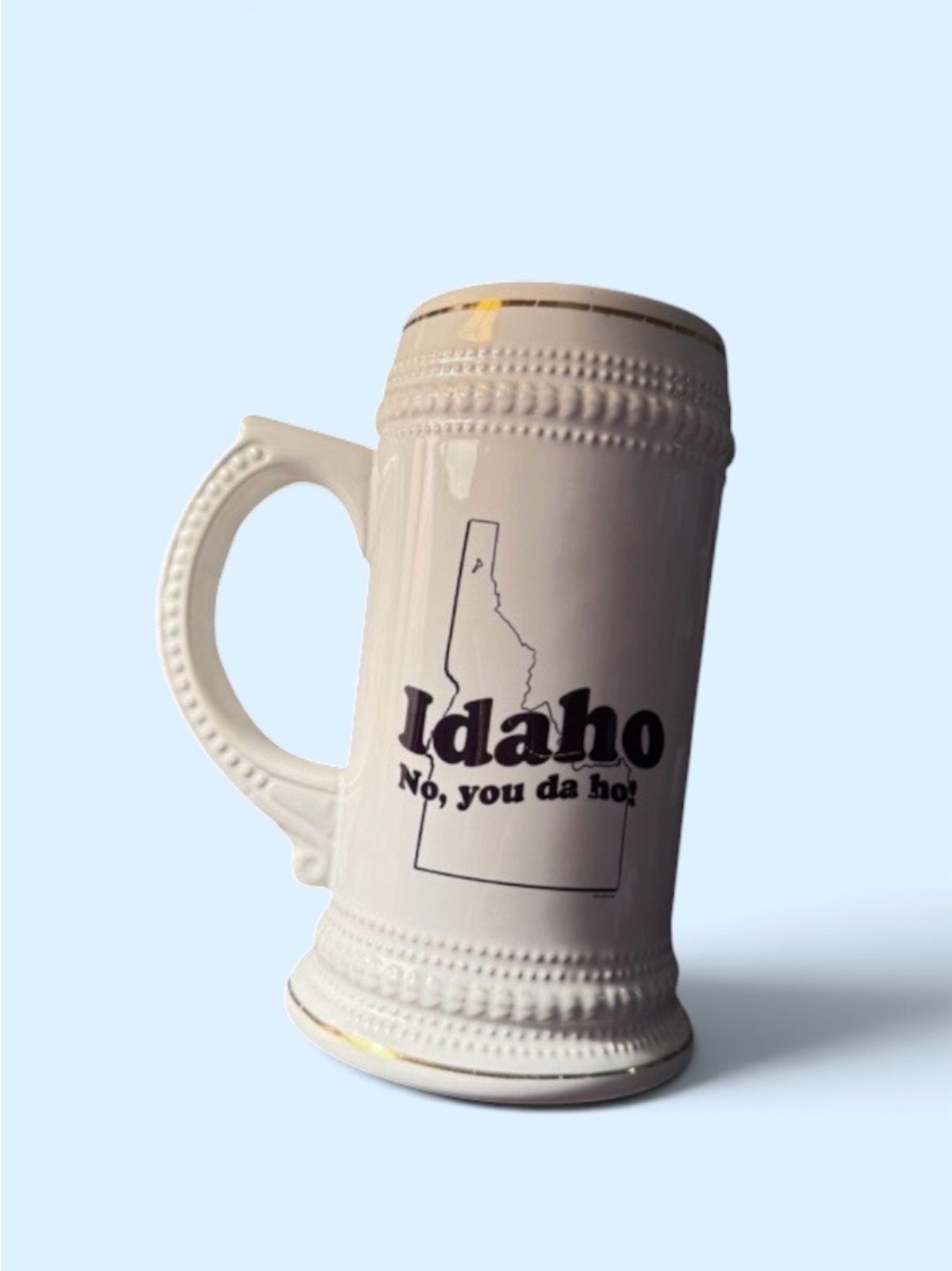 Stein ~ Novelty ~ White ~ Ceramic ~ Idaho ~ Funny Text ~ “Idaho, No You Da Ho! “